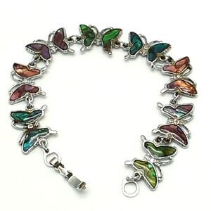 Vintage Abalone Butterfly Inlay Motif Silver-tone Delicate Link Bracelet